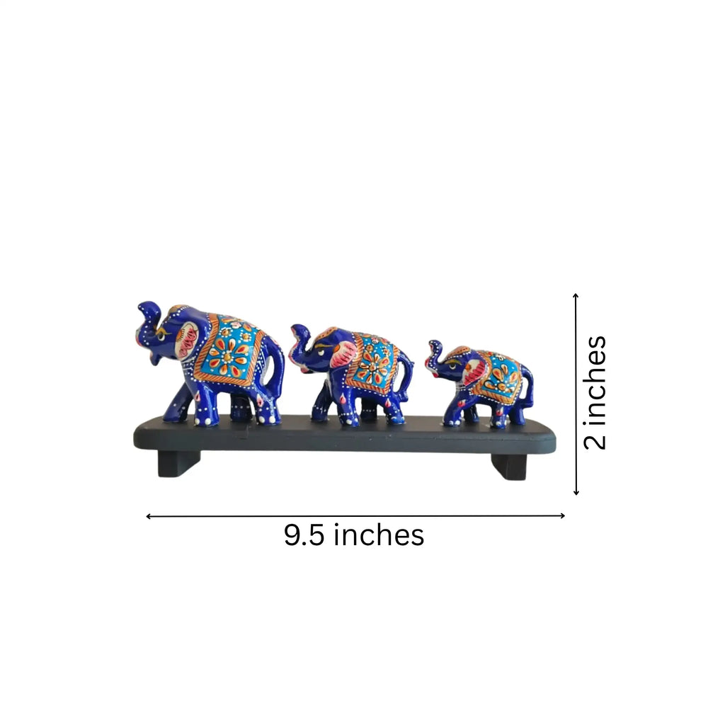 Hand-Painted Blue Elephant Family Figurines on Display Wood Decorative