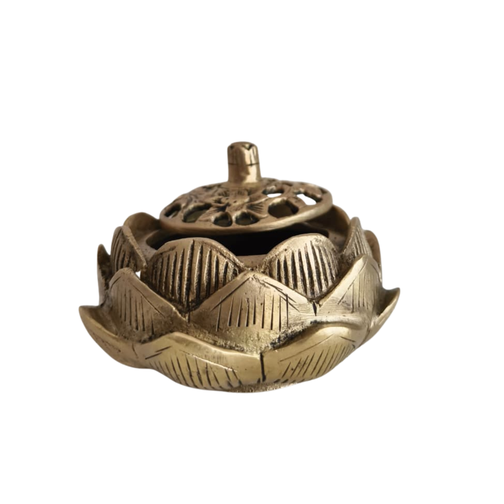 Bronze incense burner shaped like a lotus flower on a white background