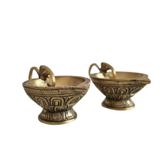 Pair Traditional Brass Oil Lamp (Diya) with Elephant Handle
