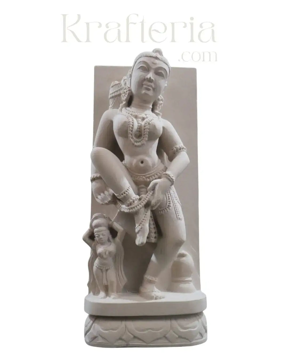 White stone statue of a seated figure with intricate detailing on a white background, branded 'Krafteria'.
