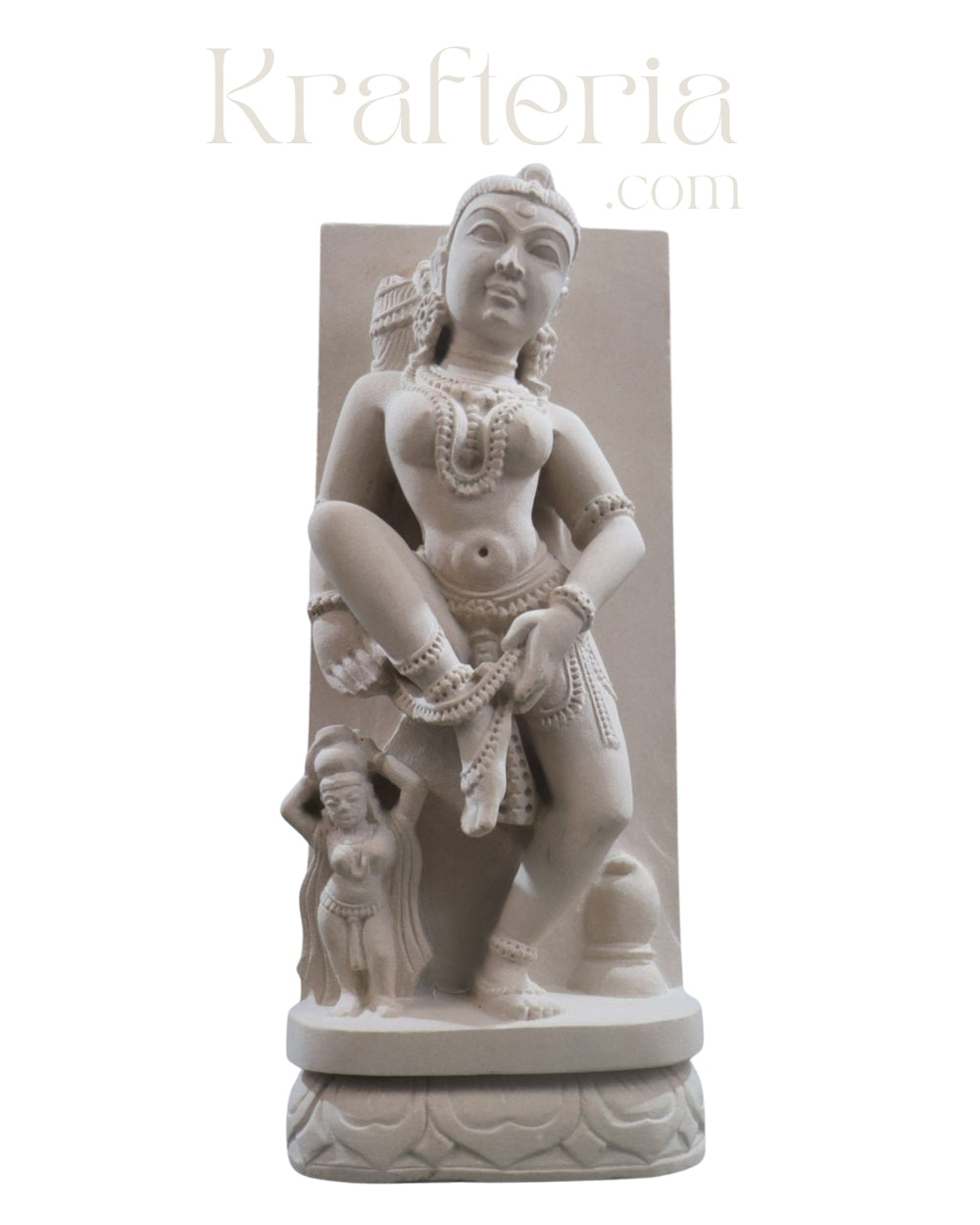 White stone statue of a seated figure with intricate detailing on a white background, branded 'Krafteria'.