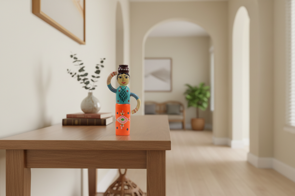 Chennapatnam Wooden Milk Woman Statue – Artisan Crafted Decor Wooden Lacquerware&toys