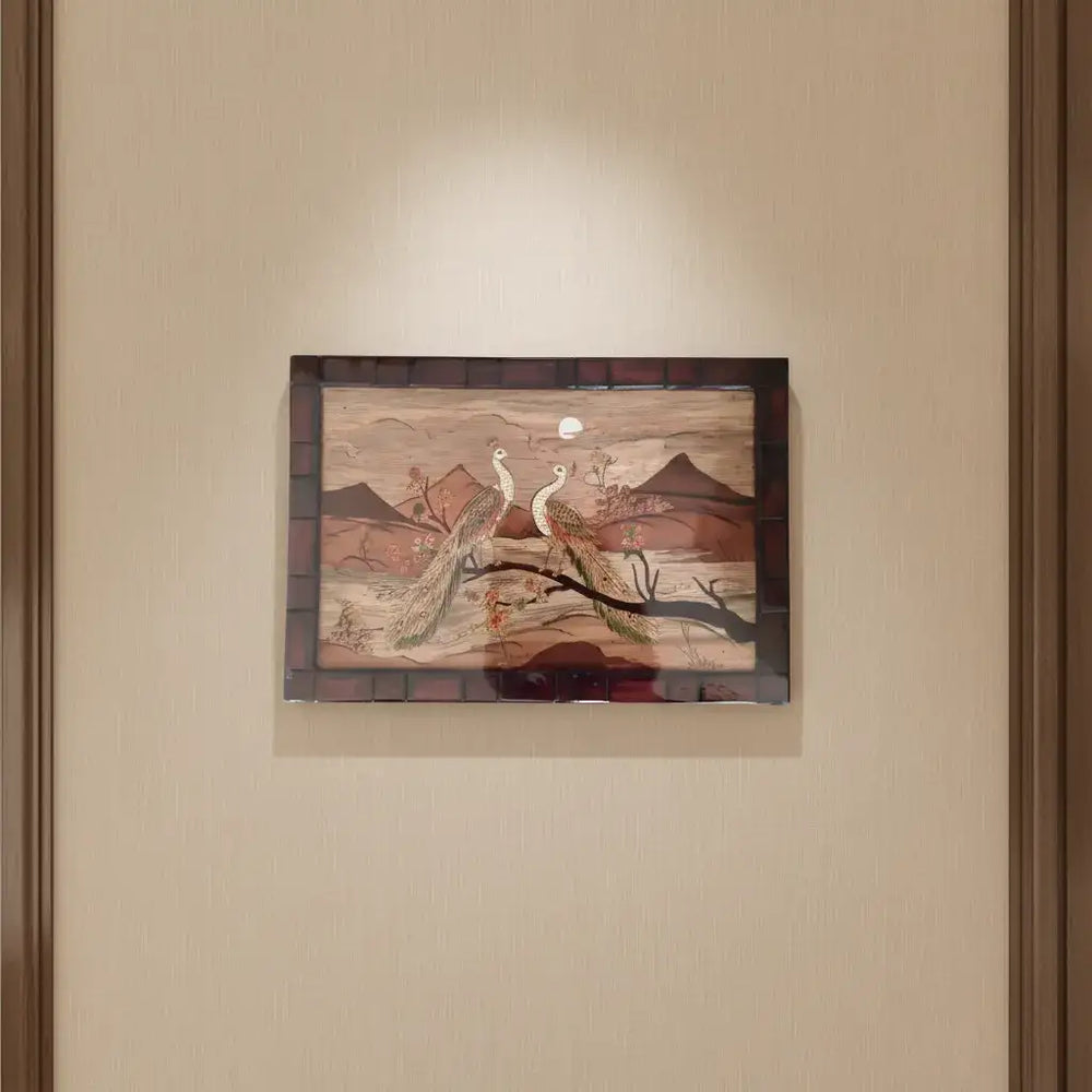 Couple Peacock Wood Inlay – Traditional Mysore Rosewood Artwork Arun