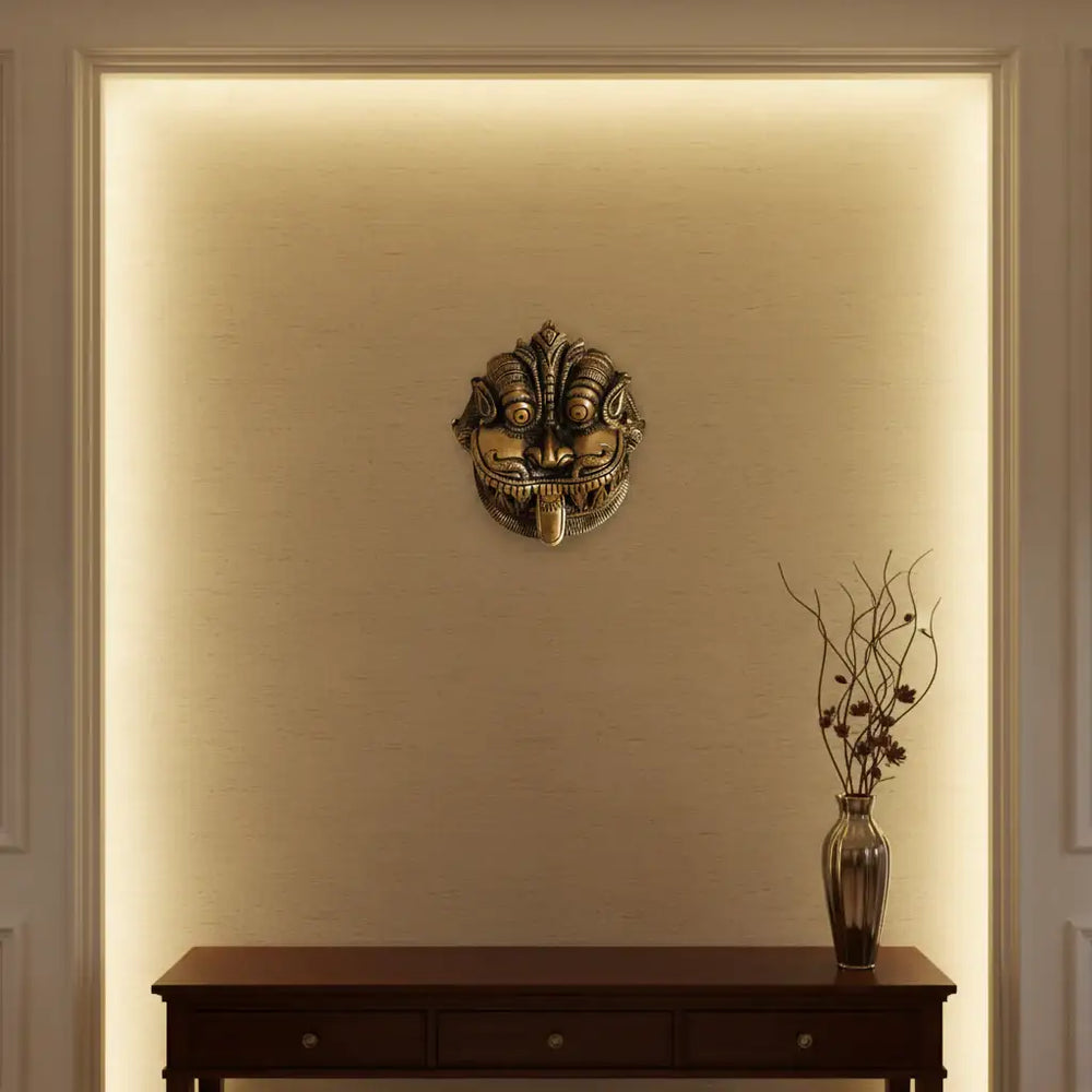 Fierce Brass Kirtimukha Wall Mask - Guardian Protector Face Brass Ware