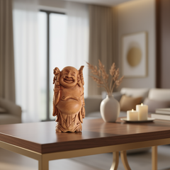 A hand-carved light brown wooden statue of the Laughing Buddha with a wide smile, holding a staff over his shoulder with a small child and a fish.