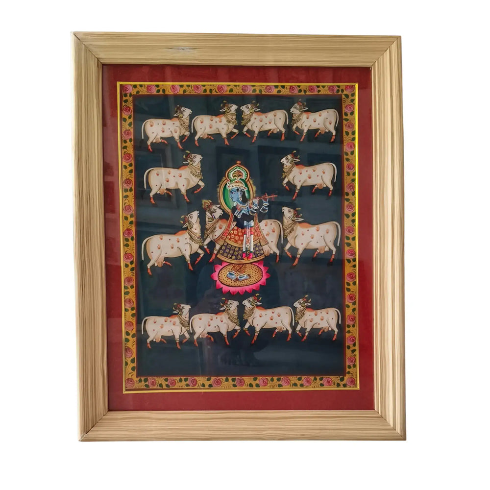 The Divine Flutist - Lord Krishna with Sacred Cows Painting Paintings