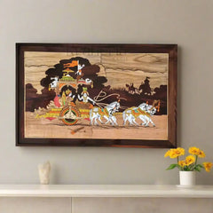 Spiritual Inlay Panel – Bhagavad Gita Depiction in Wood Inlay Art