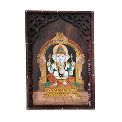 Handcrafted Rosewood Inlay Art – Lord Ganesha in Temple Frame