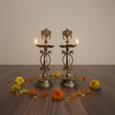 Grand Brass Shankh Chakra Pedestal Lamps | Pair of Traditional Tall Vishnu Symbol Diyas Brass Artwork