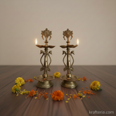 Grand Brass Shankh Chakra Pedestal Lamps | Pair of Traditional Tall Vishnu Symbol Diyas Brass Artwork