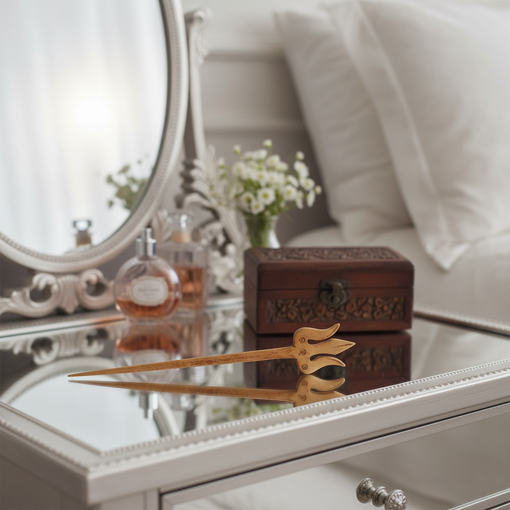 Hand-carved wooden Trishula hair stick hair pin with intricate detailing and traditional Indian design