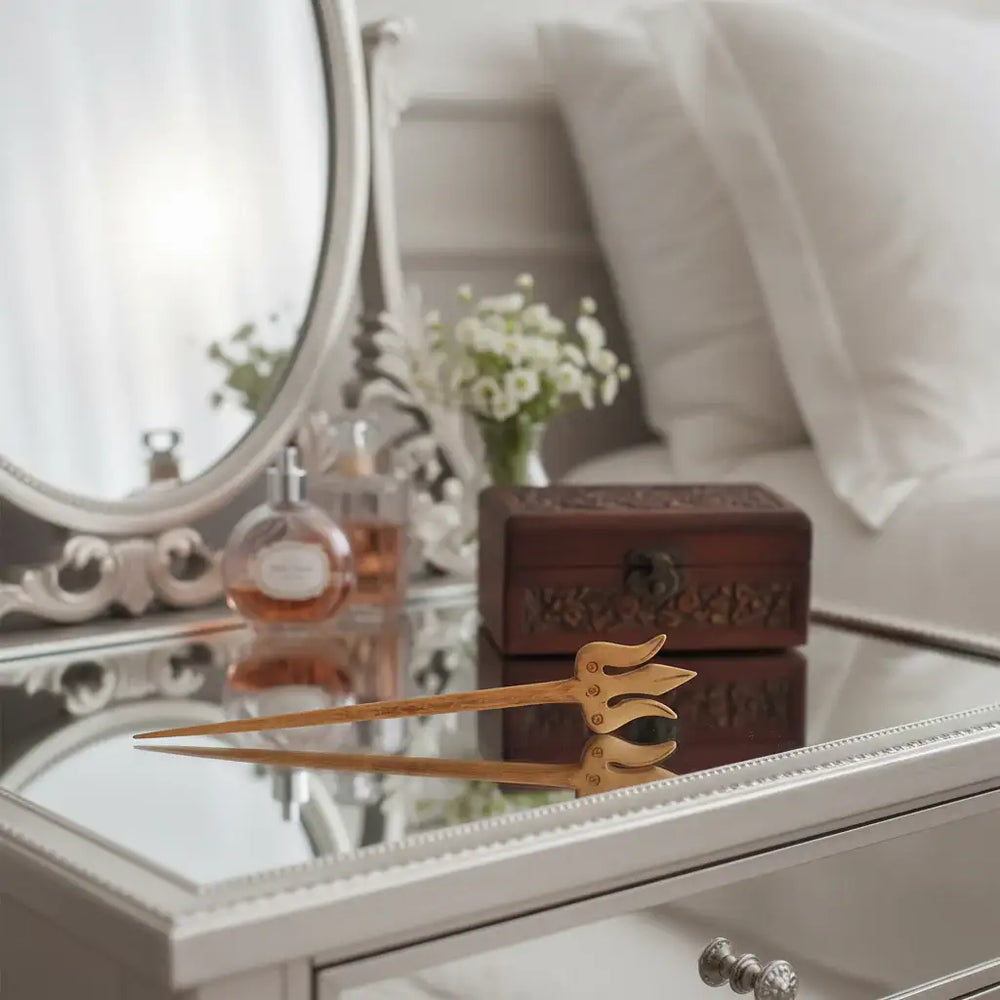 Hand-carved wooden Trishula hair stick hair pin with intricate detailing and traditional Indian design