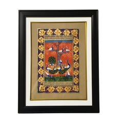 Miniature Paintings Framed artwork with peacocks and decorative elements on a white background
