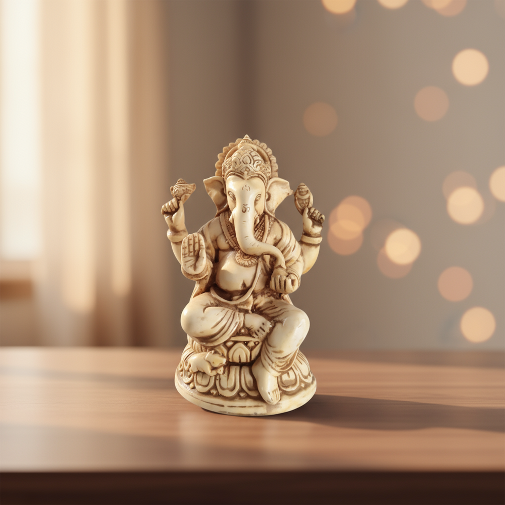 A light-colored resin statue of Lord Ganesha seated on a detailed lotus flower pedestal, with intricate carvings on his crown, jewelry, and robes, and holding symbols in his four arms.
