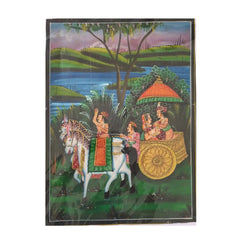 Vintage-style painting of a horse-drawn carriage with people in a scenic setting