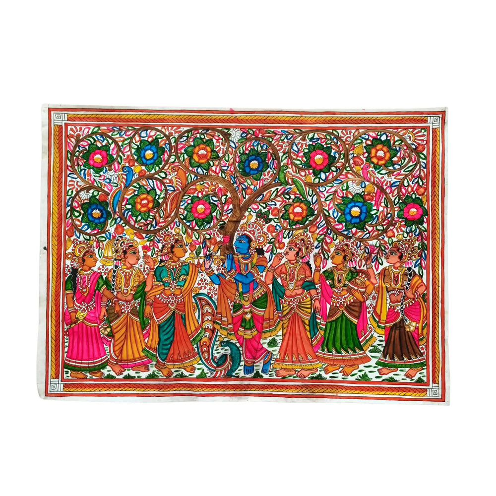 Krishna's Divine Flute Amidst the Gopis and Kalpavriksha Leather Paintings