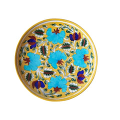 Hand-Painted Blue Floral Decorative Wall Plate on Yellow Pottery