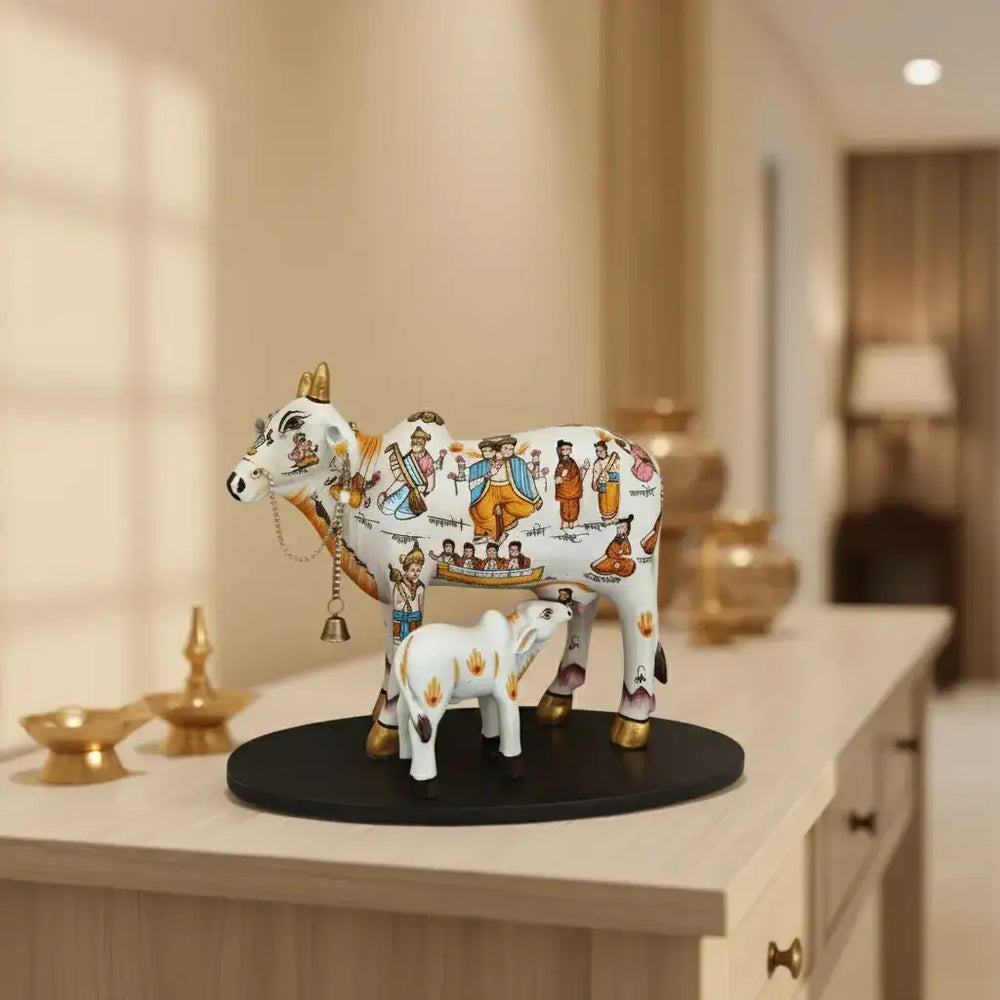 Kamadhenu Resin Cow with Calf | Decorative Spiritual Figurine maruthi handicrafts