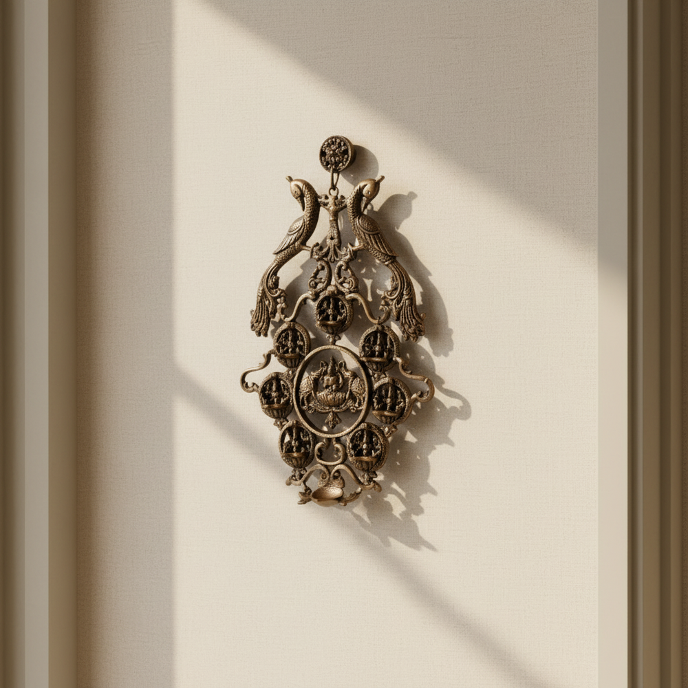 Grand Brass Ashta Lakshmi Wall Hanging with Peacocks - Divine Prosperity Decor Brass Ware