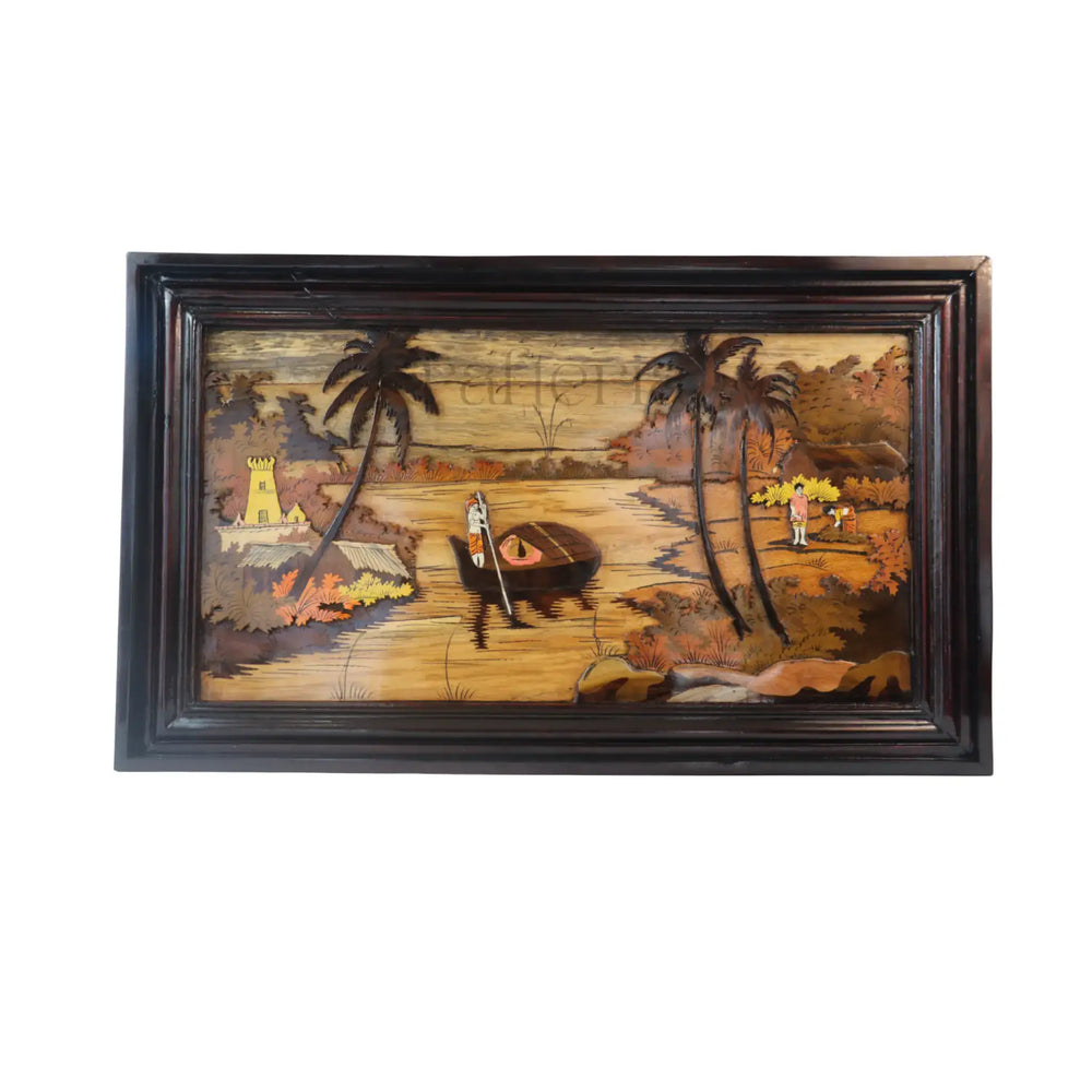 Tropical Boat Scene with Palm Trees – Serene Wall Hanging Decor Inlay Art