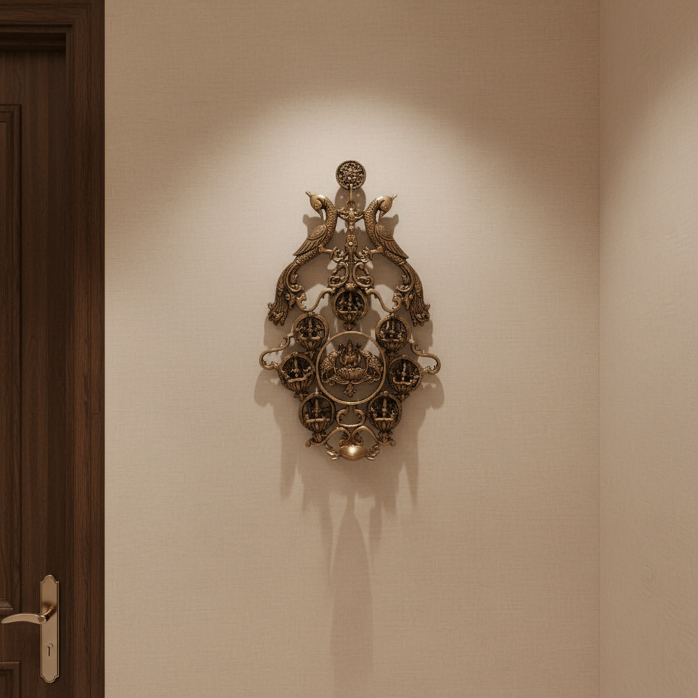 Grand Brass Ashta Lakshmi Wall Hanging with Peacocks - Divine Prosperity Decor Brass Ware