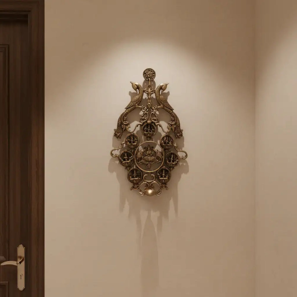 Grand Brass Ashta Lakshmi Wall Hanging with Peacocks - Divine Prosperity Decor Brass Ware