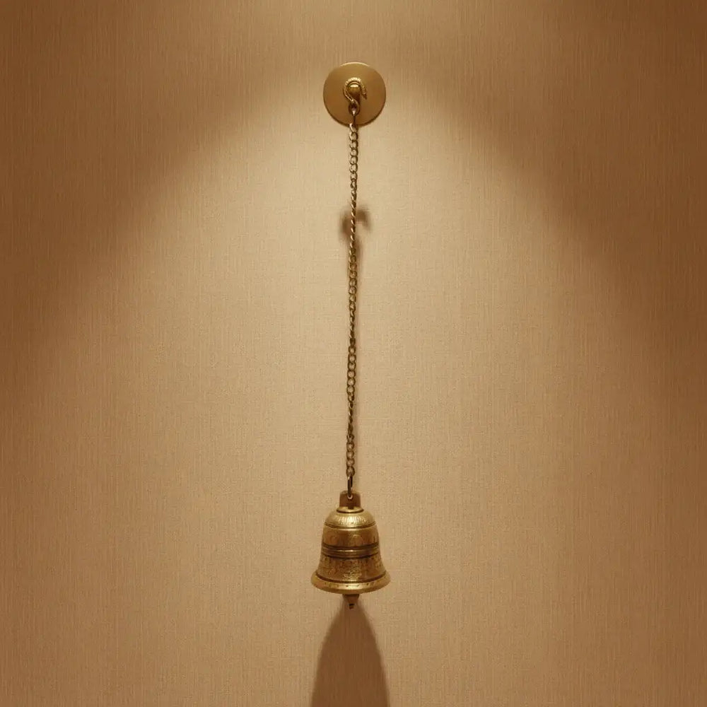 Handcrafted Antique Finish Hanging Brass Temple Bell with Chain and Hook Brass Ware