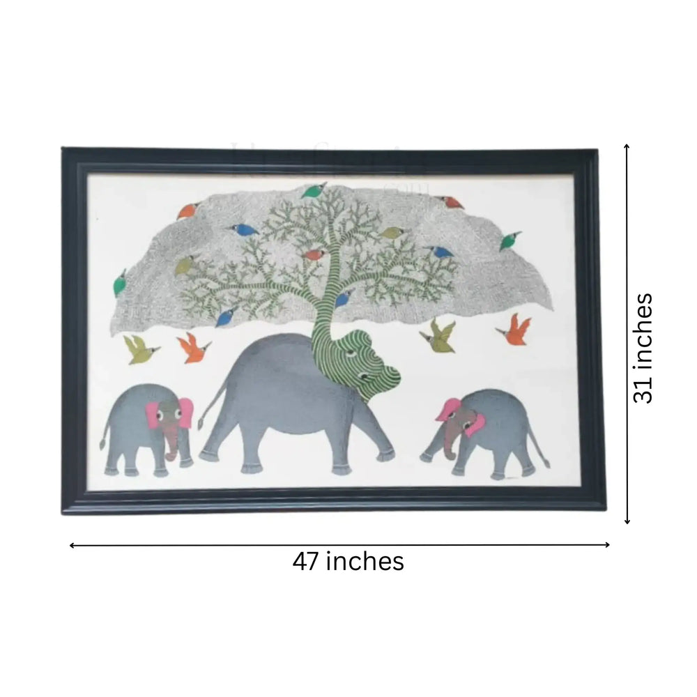 Gond Elephant Family Painting - Indian Folk Art Gond Painting