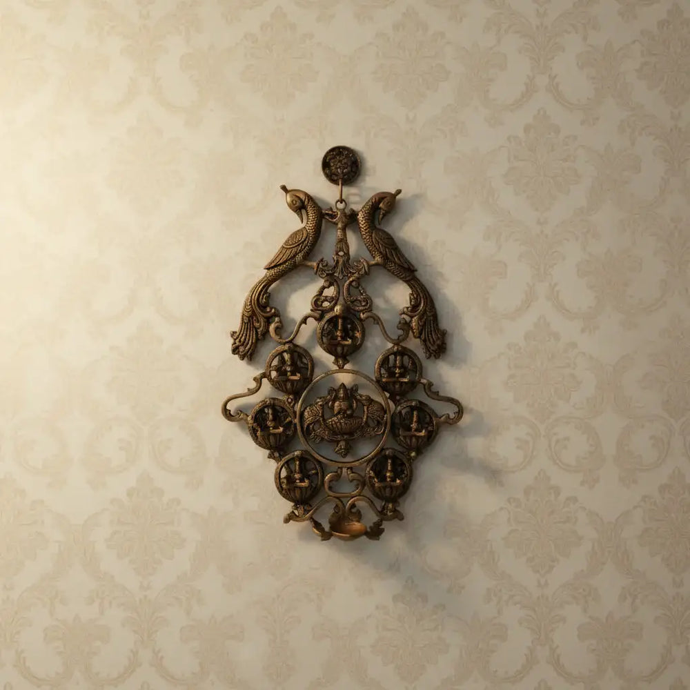 Grand Brass Ashta Lakshmi Wall Hanging with Peacocks - Divine Prosperity Decor Brass Ware