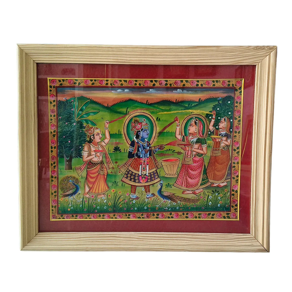 Vrindavan in Bloom - Krishna’s Holi Revelry Miniature Painting Paintings