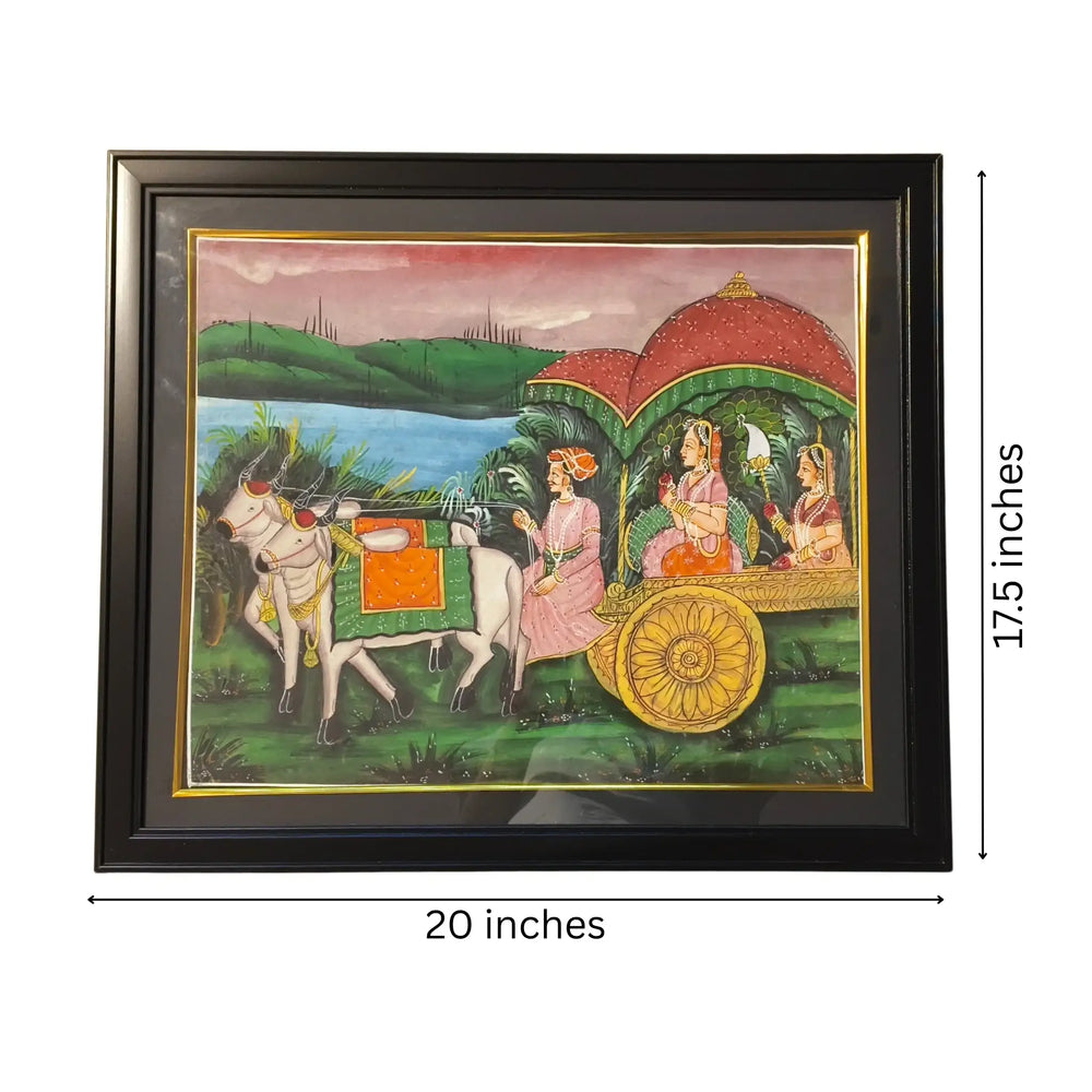 The Royal Journey in an Ox-Drawn Chariot – A Rajasthani Miniature Painting Paintings