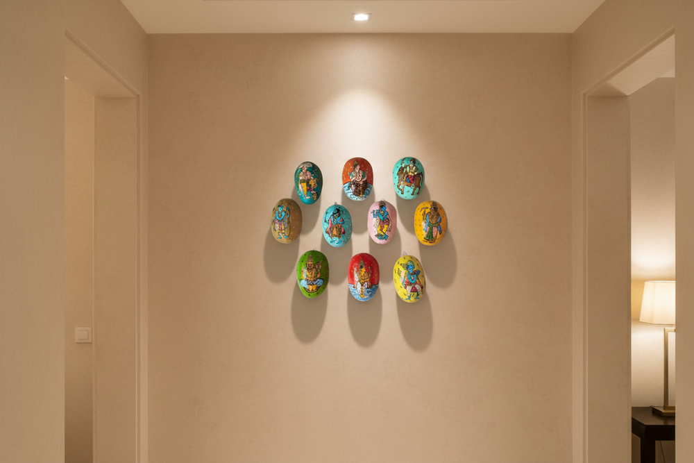 Hand-Painted Cheriyal Art Dashavataram Mask Set – Vishnu Avatars Wall Decor wall decor
