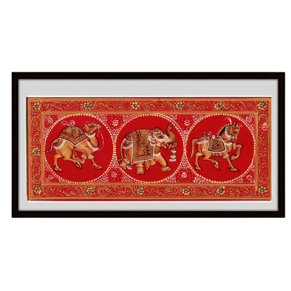 Crimson Procession of Divine Animals Miniature Painting Paintings