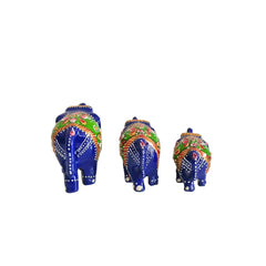 Set of 3 Hand-Painted Wooden Elephant Family Figurines - Royal Blue