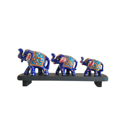Hand-Painted Blue Elephant Family Figurines on Display Wood Decorative