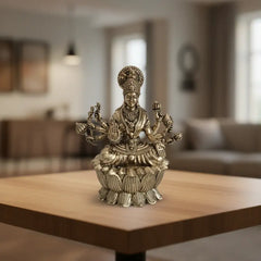 Brass Ashta Lakshmi Idol Seated on Lotus - Eight-Armed Goddess Brass Ware
