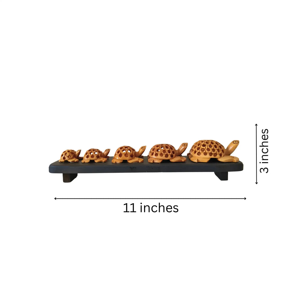 Set of Six hand-carved wooden turtles /Tortoise Family on Display Base Wood Decorative