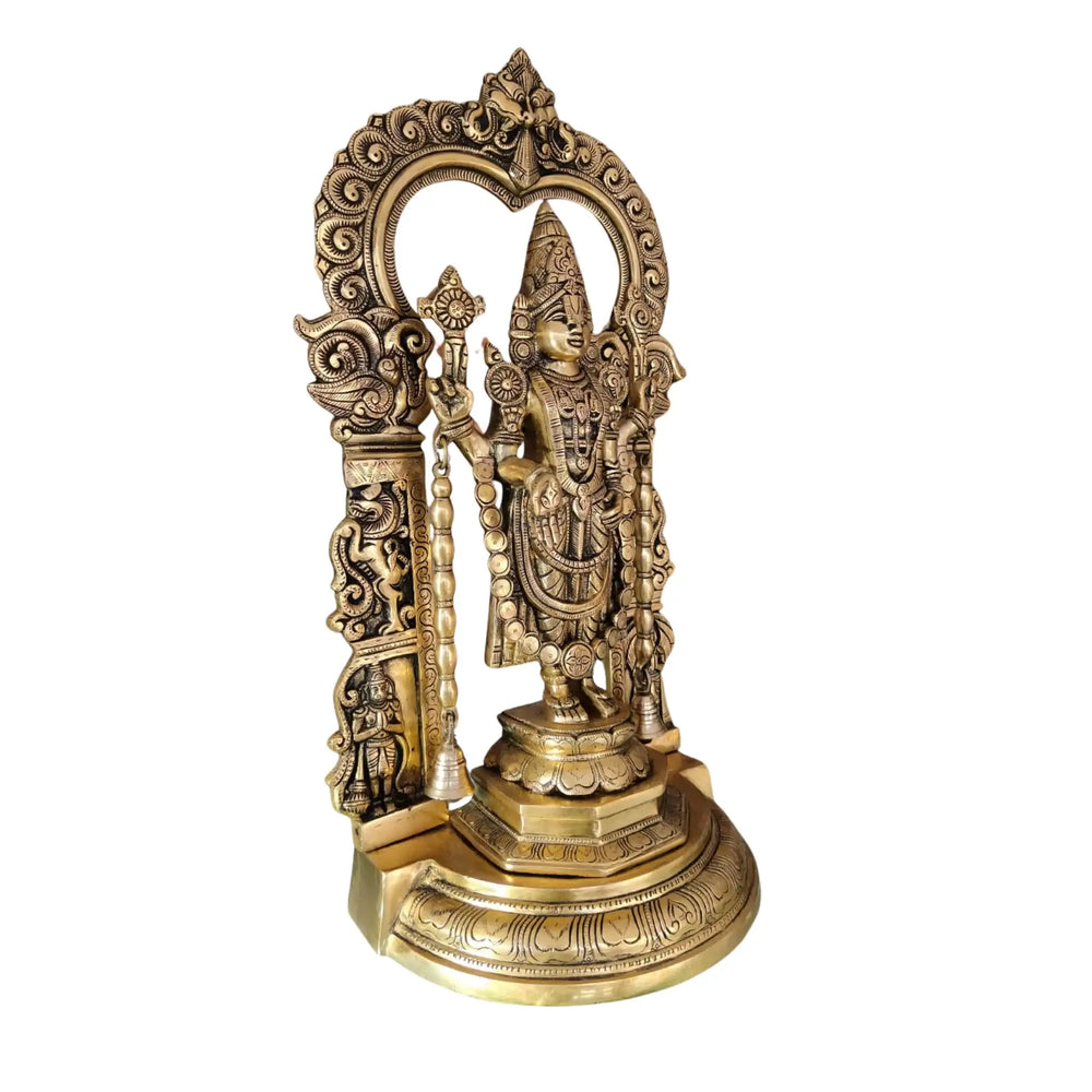 Antique Brass Lord Venkateswara Idol – Tirupati Balaji Statue with Arch for Home Temple Brass Ware