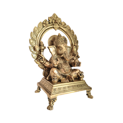Brass Lord Ganesha Idol on Pedestal with Ornate Prabhavali Arch
