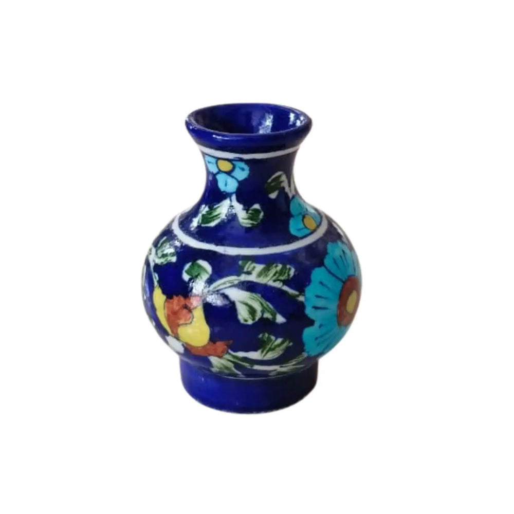 Artisan Blue Pottery Miniature Vase | Hand-Painted Floral Decor Pottery