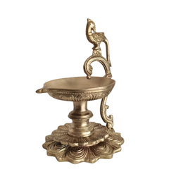 Handcrafted Brass Peacock Pedestal Diya – Traditional Tabletop Oil Lamp with Lotus Base Brass Artwork