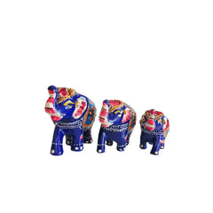 Set of 3 Hand-Painted Wooden Elephant Family Figurines - Royal Blue
