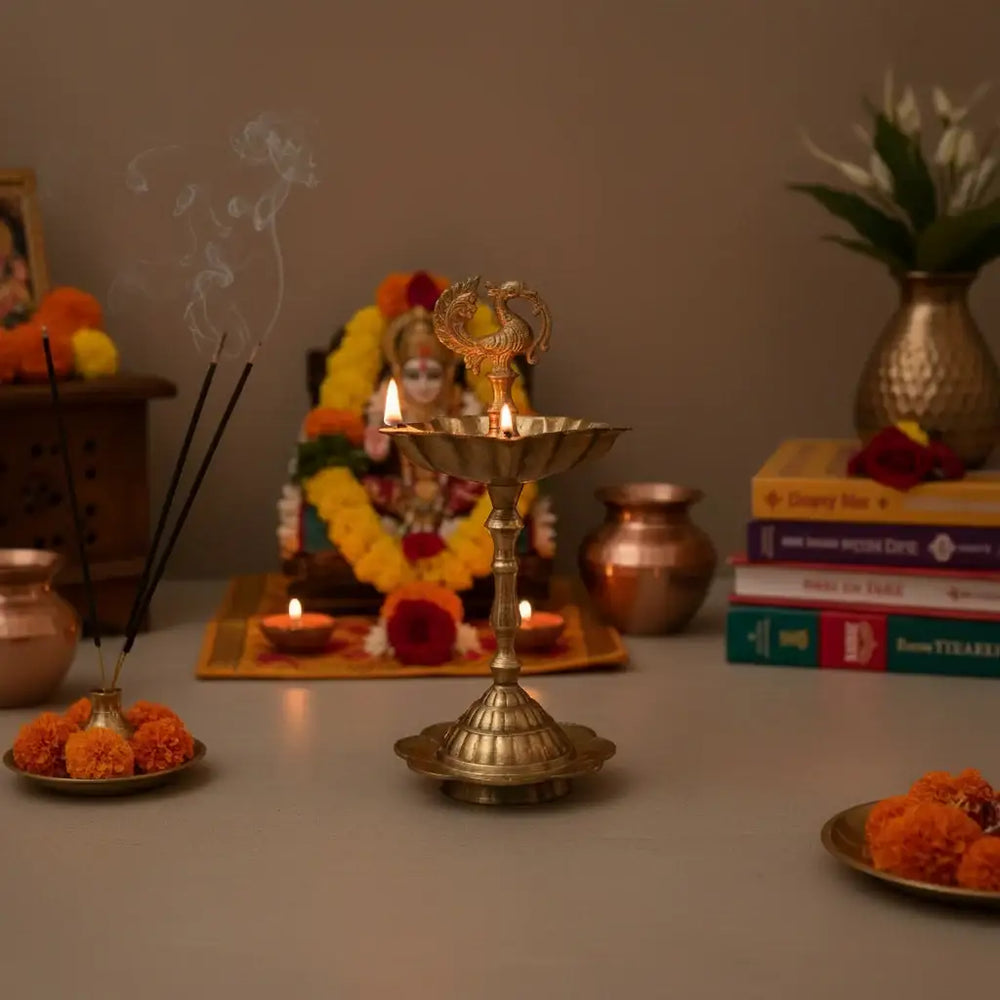 Elegant Traditional Brass Diya Stands (Kuthu Vilakku) with Peacock Finials Brass Ware