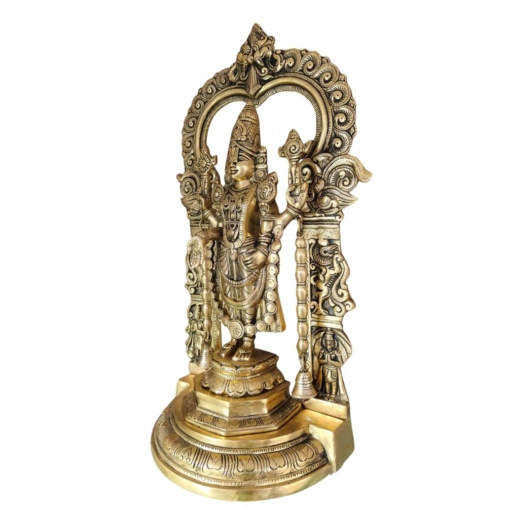 Antique Brass Lord Venkateswara Idol – Tirupati Balaji Statue with Arch for Home Temple Brass Ware