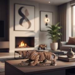 A hand-carved dark wooden tiger figurine in a crouching pose with an open mouth, showing engraved stripe details.