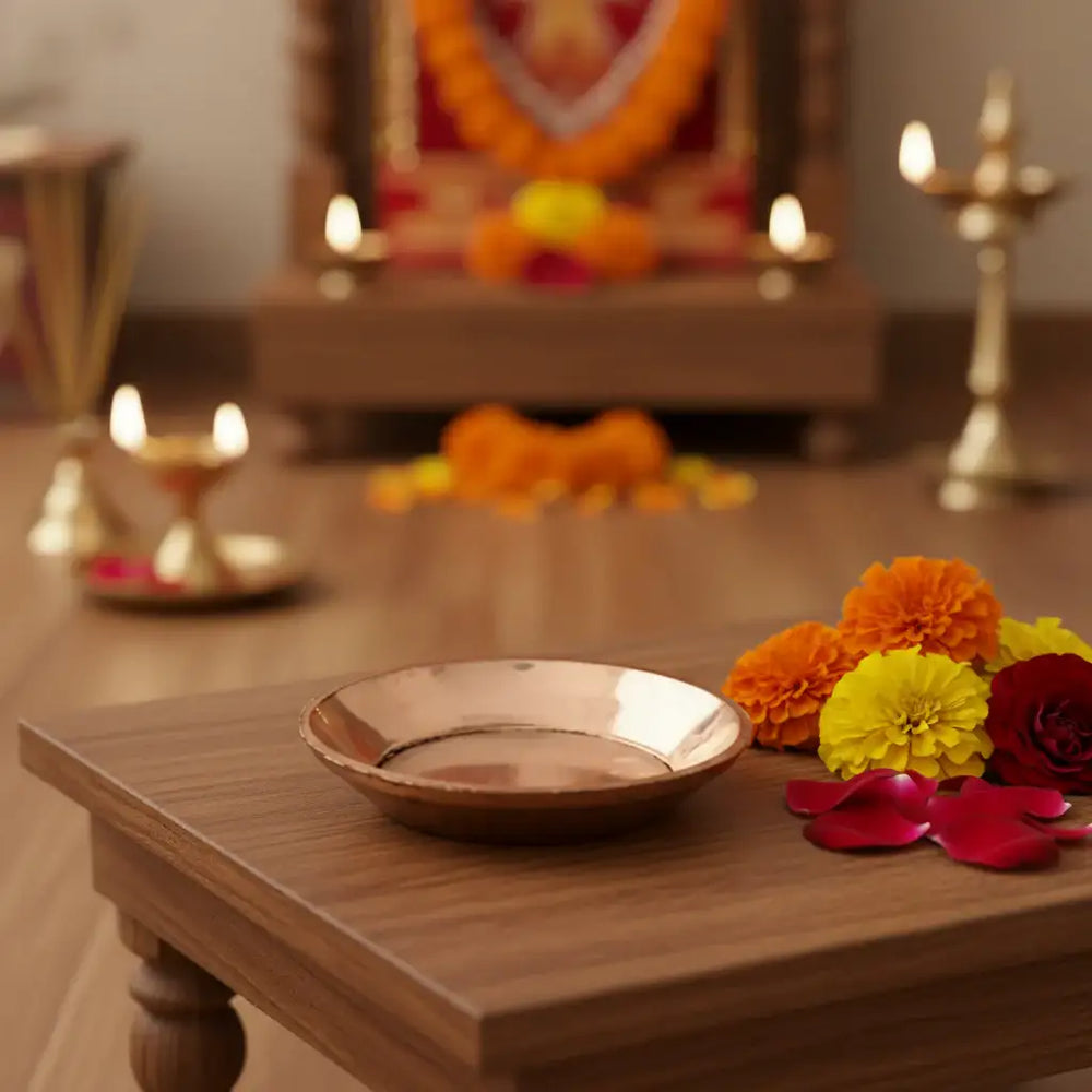 Small Brass Puja Plate - Traditional Ritual Offering Bowl Brass Ware