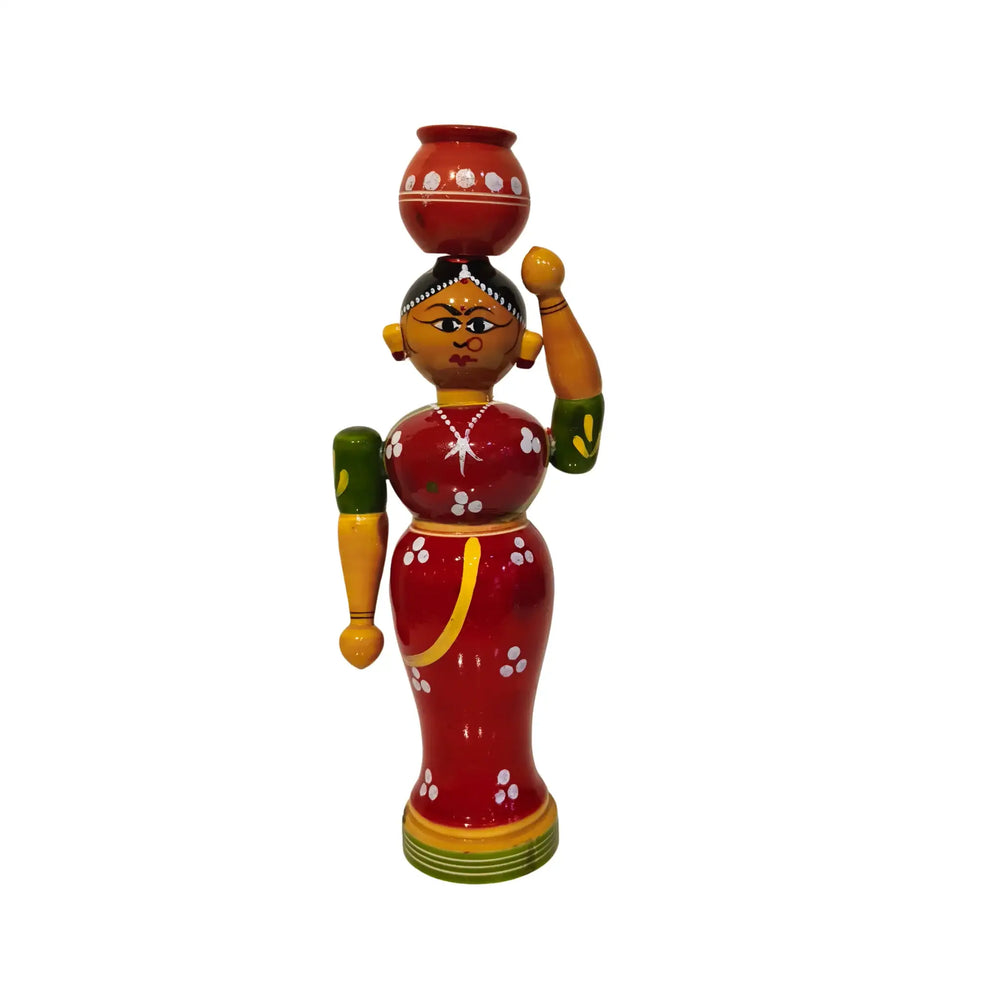 Vibrant Red Etikoppaka Doll with Pot - Non-Toxic Traditional Toy Art Etikoppaka Lacquerware