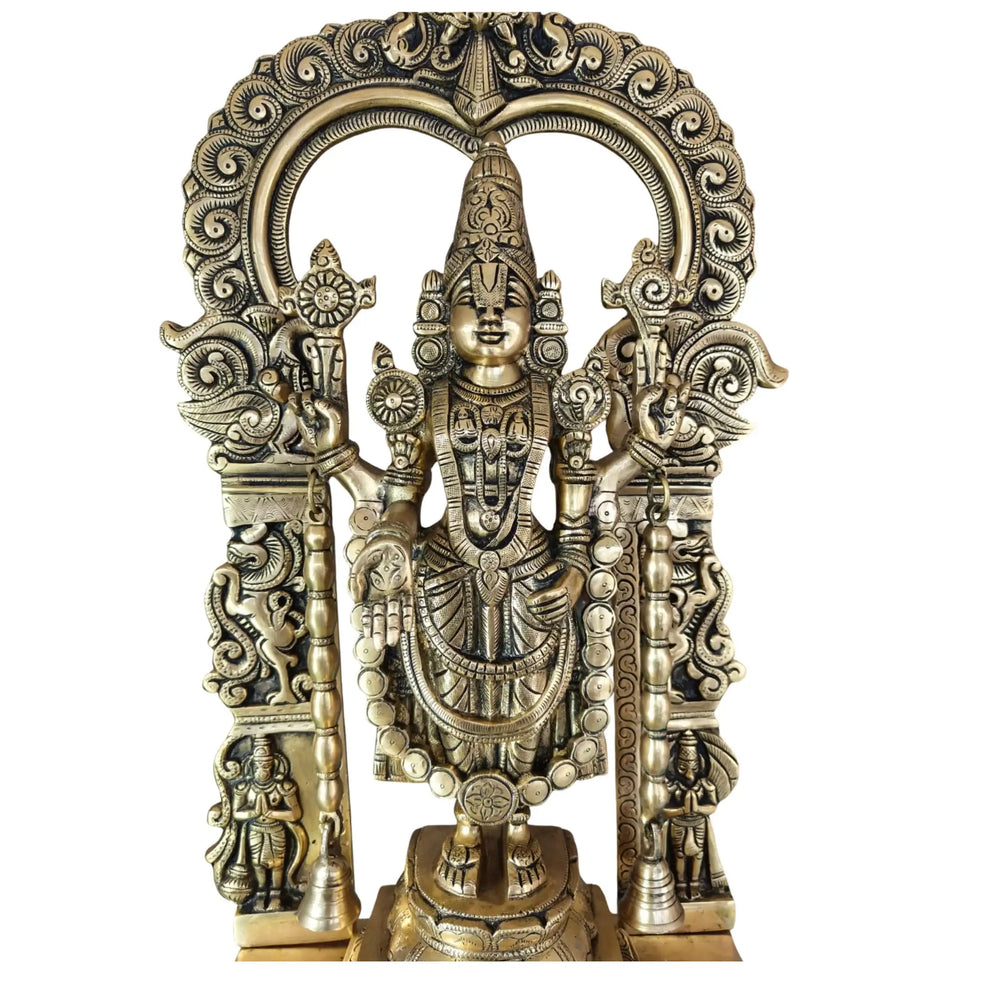 Antique Brass Lord Venkateswara Idol – Tirupati Balaji Statue with Arch for Home Temple Brass Ware