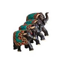 Wooden Hand Painted Elephant With Blue Stone
