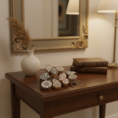 Handcrafted traditional Indian motif keychains in Bagru and Sanganer style with intricate hand-painted designs